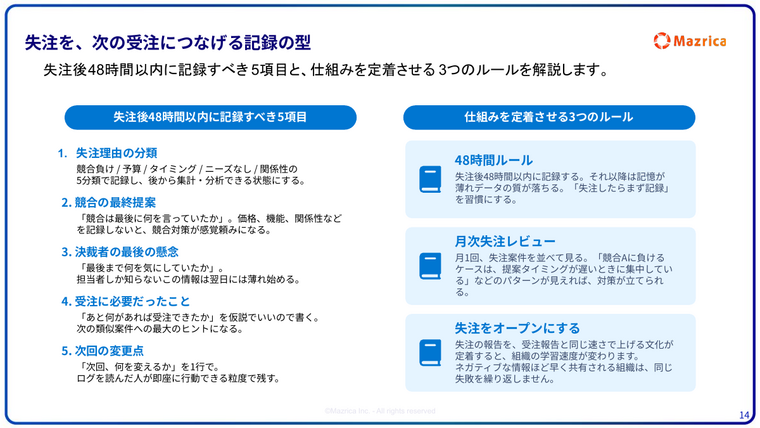 失注分析の記録の型｜失注後48時間で記録する5項目と定着させる3つのルールのページ