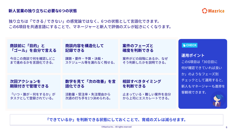 新人営業の独り立ち基準｜必要な6つの状態を言語化した育成チェックのページ