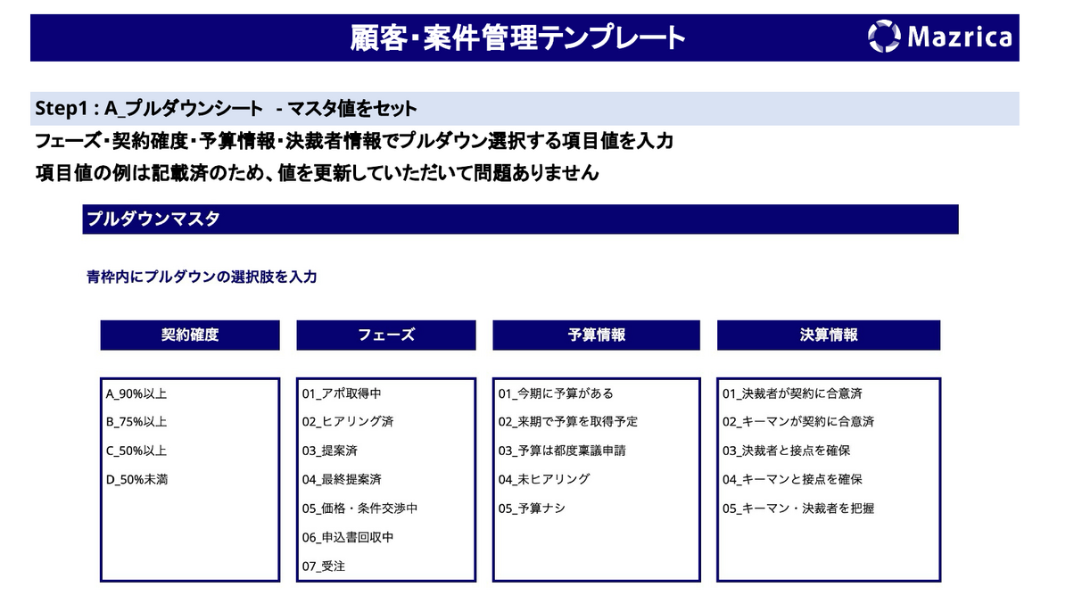 顧客・案件管理テンプレート｜Excelのプルダウンマスタ設定画面を示す資料の表紙