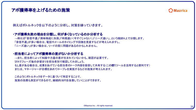 アポ獲得率を上げる施策｜失敗理由の分類と担当者別の差を分析する方法のページ