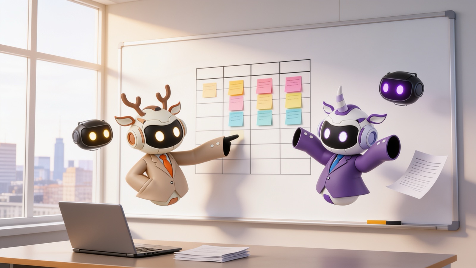 小規模なマーケティングチームがオフィスでコンテンツ戦略の全体像を描き出し、実務として動かすための計画を作り上げている場面。