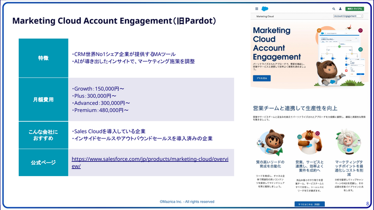 MAツール比較｜Marketing Cloud Account Engagement（旧Pardot）の特徴と月額費用