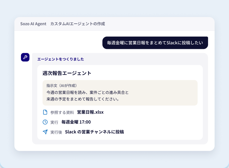 依頼文から週次報告エージェントを作成した画面