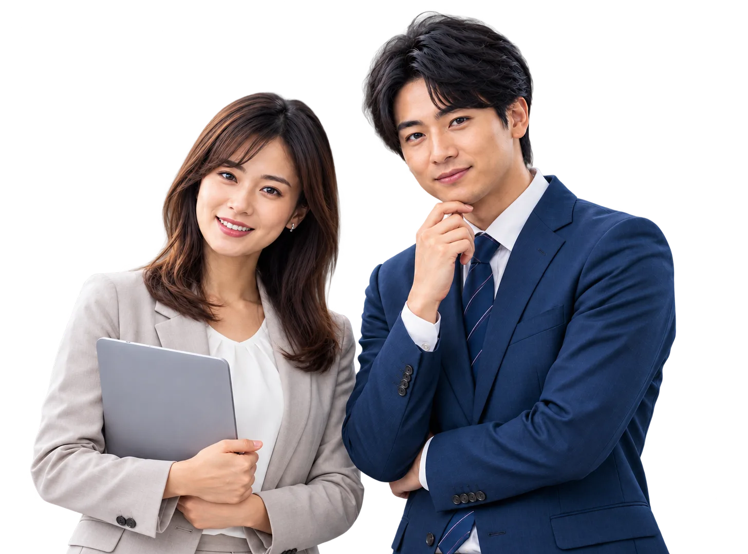 ノートパソコンを持つ女性とタブレットを持つ男性のビジネスパーソン