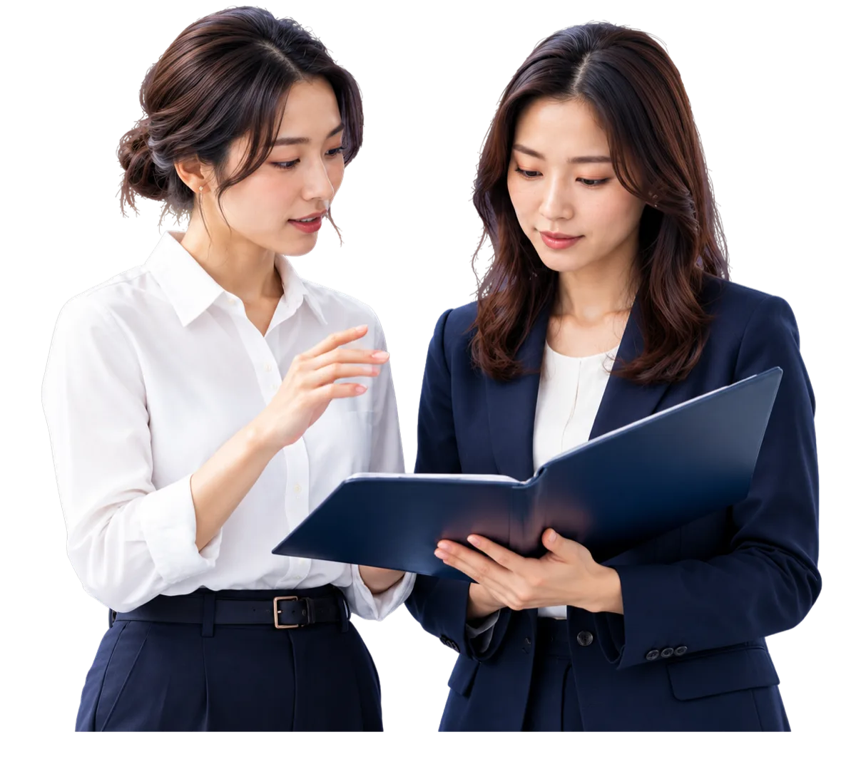 資料を見ながら打ち合わせをする二人のビジネスパーソン