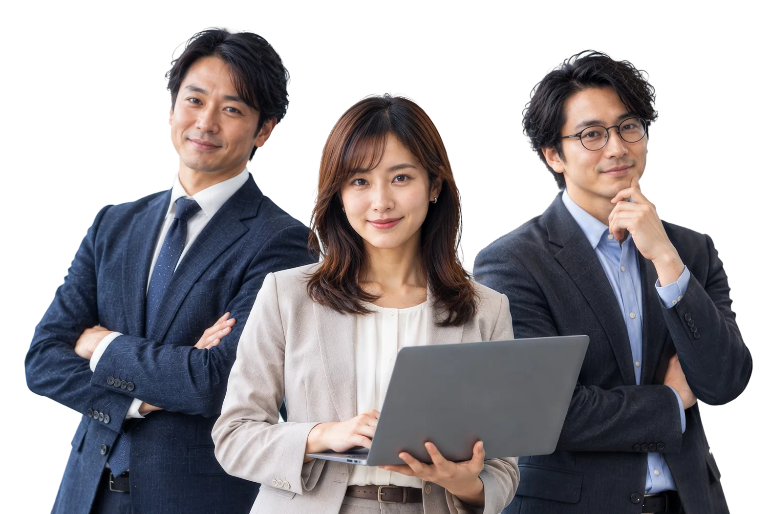 ノートパソコンを持つ女性と二人の男性のビジネスパーソン